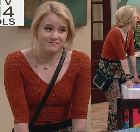 Lennox's orange lace top and floral pants on Melissa and Joey