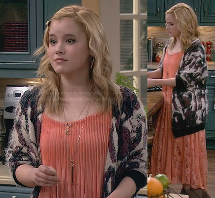 Lennox's coral lace maxi dress and fluffy cardigan on Melissa and Joey
