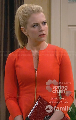 Mel's orange zip-front peplum dress on Melissa and Joey