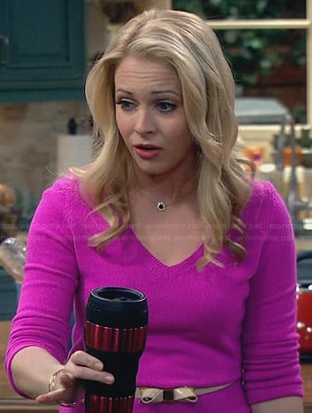 Mel’s pink v-neck sweater and bow belt on Melissa and Joey