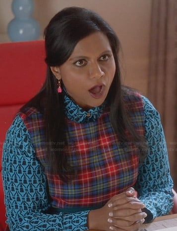 Mindy's blue printed shirt and plaid dress on The Mindy Project