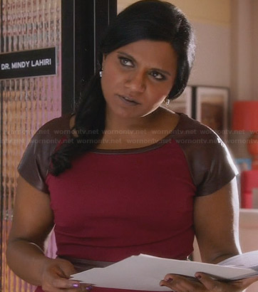 Mindy’s burgundy dress with leather sleeves on The Mindy Project