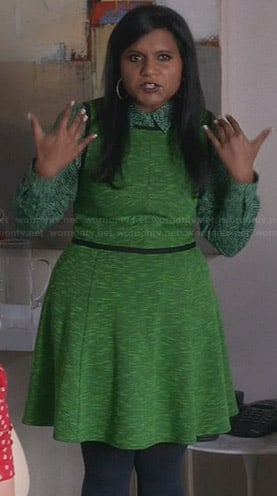 Mindy’s green printed shirt and dress on The Mindy Project