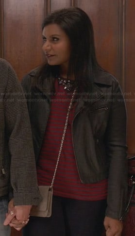 Mindy's red striped and embellished top and leather jacket on The Mindy Project