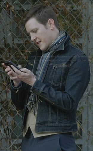 Nolan’s denim zip-pocket jacket and striped scarf on Revenge