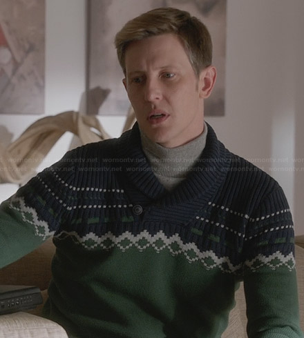 Nolan’s green and navy fair isle sweater on Revenge