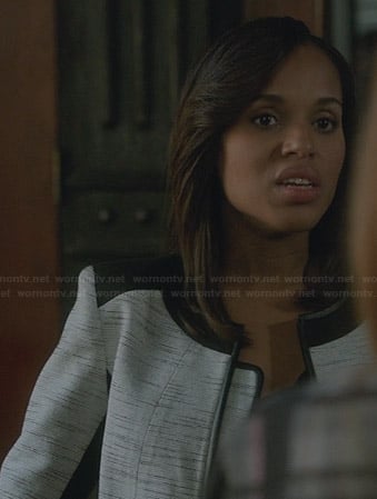 Olivia’s white tweed jacket with black shoulders and trim on Scandal