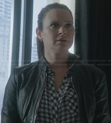 Quinn's black perforated leather jacket and gingham check shirt on Scandal