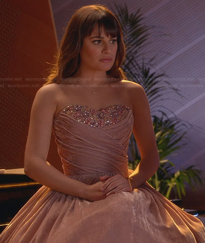 Rachel’s pink embellished strapless dress on Glee