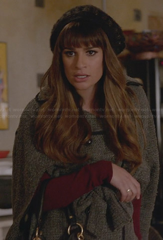 Rachel's tweed cape and black bag on Glee