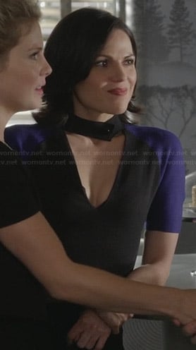 Regina's black v-neck dress with blue sleeves and button neck on Once Upon a Time