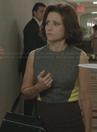 Selina's yellow and grey colorblock dress on Veep