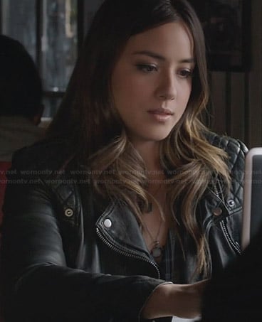 Skye’s leather jacket with quilted shoulders on Agents of SHIELD