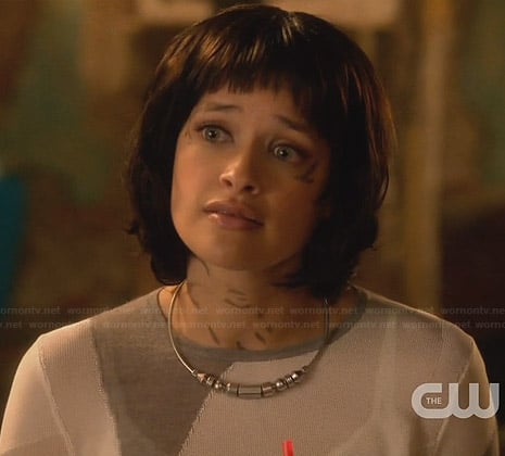 Sophia's white and grey geometric colorblock sweater on Star-Crossed