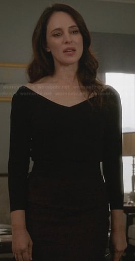 Victoria's black wide v-neck top and red lace skirt on Revenge