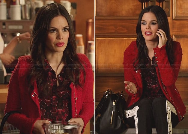 Zoe’s red printed top, red tweed jacket and crochet side pants on Hart of Dixie