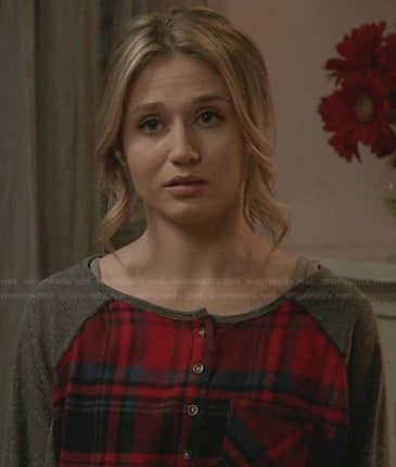 Amy's red plaid henley top with grey sleeves on Faking It