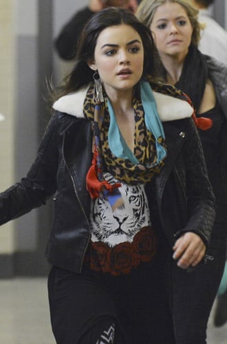 Aria's tiger face and rose graphic dress and multi-colored leopard print scarf on Pretty Little Liars