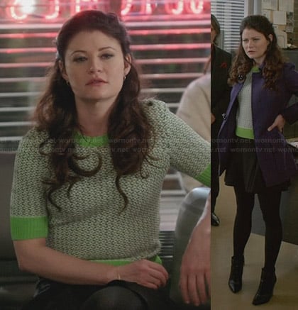 Belle's green sweater and purple coat on Once Upon a Time