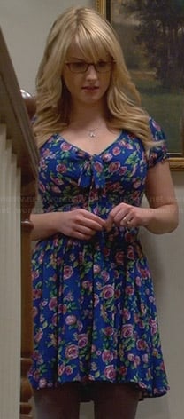 Bernadette’s blue rose print dress with bow front on The Big Bang Theory