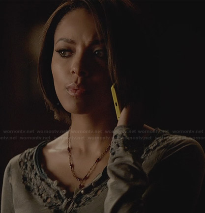 Bonnie’s steel blue henley top on The Vampire Diaries