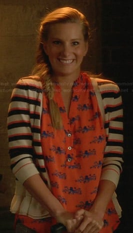 Brittany's orange octopus print top and striped cardigan on Glee