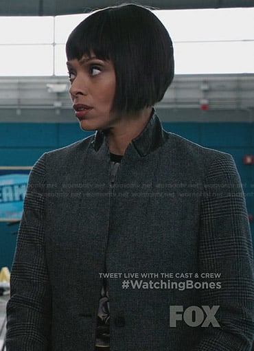 Camille's grey coat with leather collar on Bones