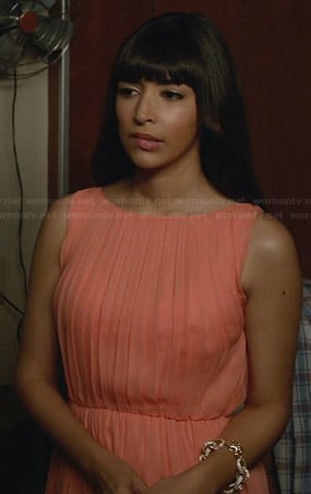 Cece's coral pleated dress on New Girl