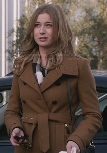 Emily’s tan wool trench coat with zip pockets on Revenge