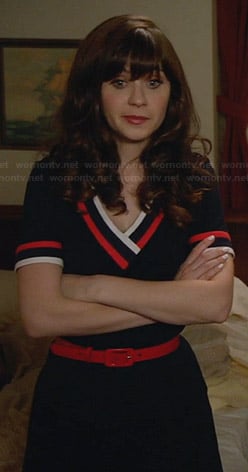 Jess’s blue v-neck dress with red and white trim on New Girl