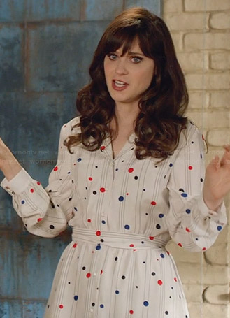 Jess's white polka dot long sleeve dress on New Girl