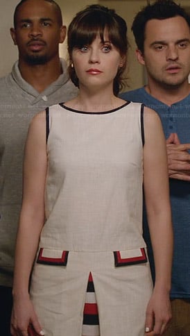 Jess’s white dress with red and blue trim on New Girl