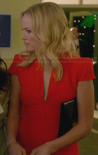 Kate’s red cap-sleeve zip-front dress on Trophy Wife