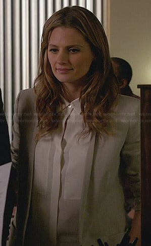 Kate’s white front panel blouse and grey blazer on Castle