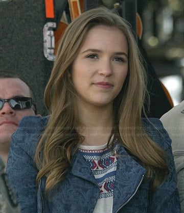 Maddie’s embroidered top and blue printed jacket on Nashville