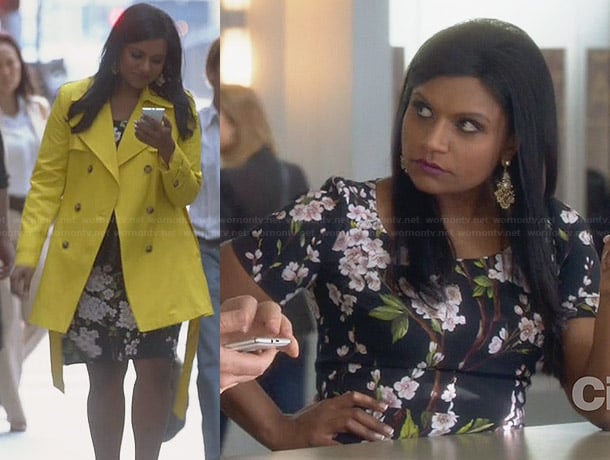 Mindy's black floral dress and yellow coat on The Mindy Project