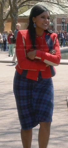 Mindy's blue plaid dress and red jacket on The Mindy Project