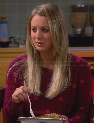 Penny’s burgundy sweater with pink polka dots on The Big Bang Theory