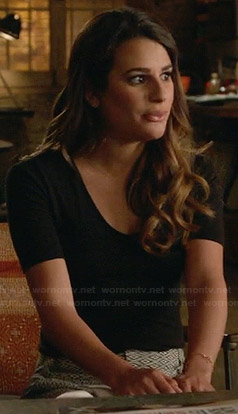 Rachel's geometric print shorts and black top on Glee