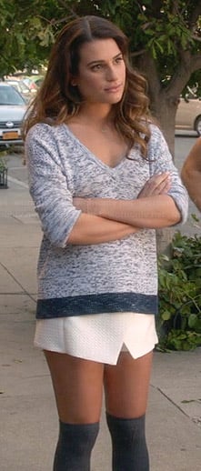 Rachel’s light blue speckled sweater and white wrap skirt on Glee