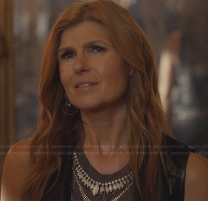 Rayna’s grey bead embellished top and draped leather vest on Nashville