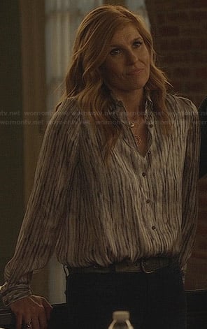 Rayna’s white and blue textured stripe printed blouse on Nashville