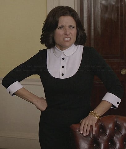 Selina's black and white collared dress on Veep