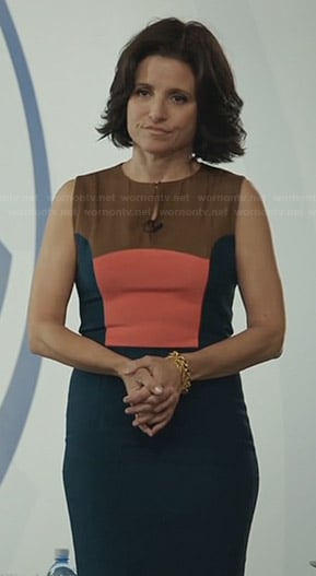 Selina's green, orange, and brown colorblock dress on Veep