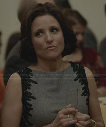 Selina's grey dress with black embroidered sides on Veep