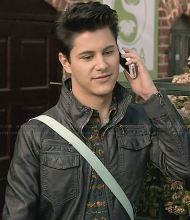 Shane's black leather jacket with zip pockets on Faking It