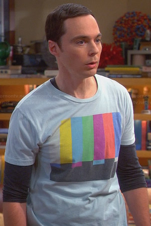 Sheldon's blue shirt with multi colored stripe graphic on The Big Bang Theory