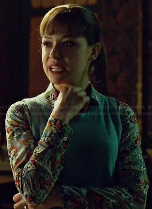 Alison's floral shirt and blue shell sweater on Orphan Black