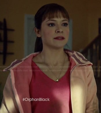 Alison's pink hoodie with striped cuffs and hood on Orphan Black