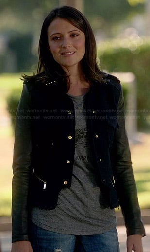 April's blue jacket with leather sleeves on Chasing Life